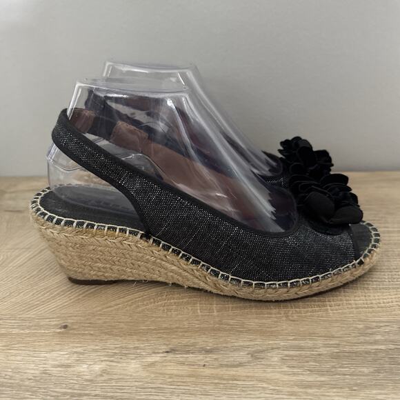 Clarks Artisan Shoes Women 7 1/2 M Blue Hessian Wedge Sandals Flower Boho Preppy - Picture 3 of 11